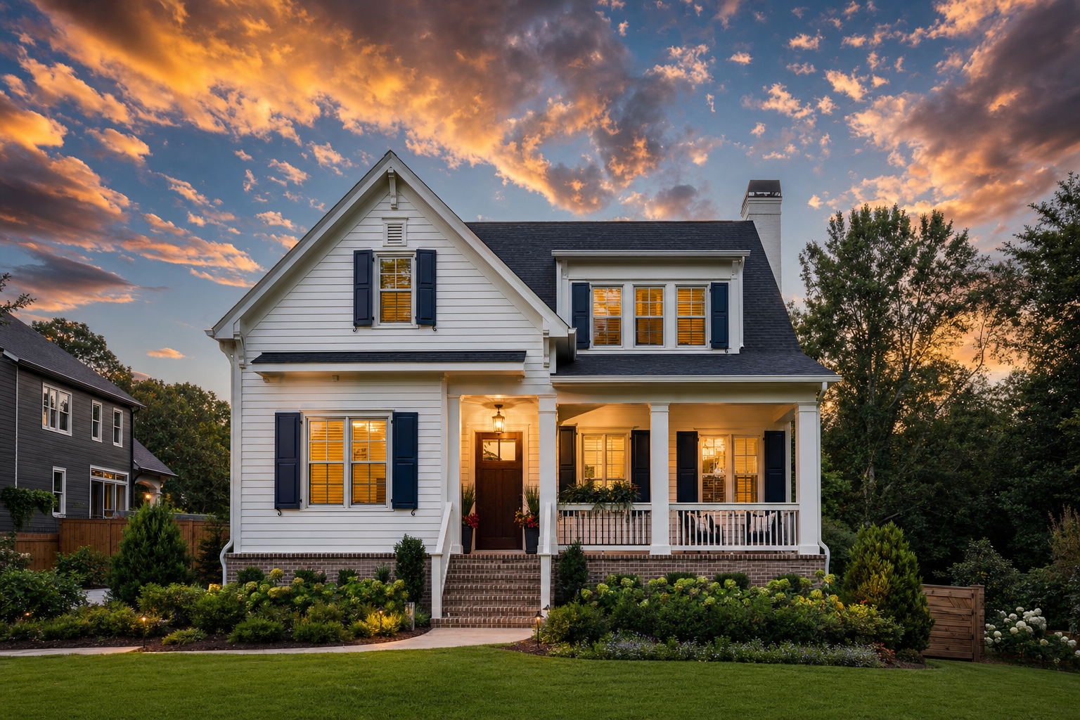 Renovated white home with a lit front porch beneath a sunset sky in Monroe, Georgia
